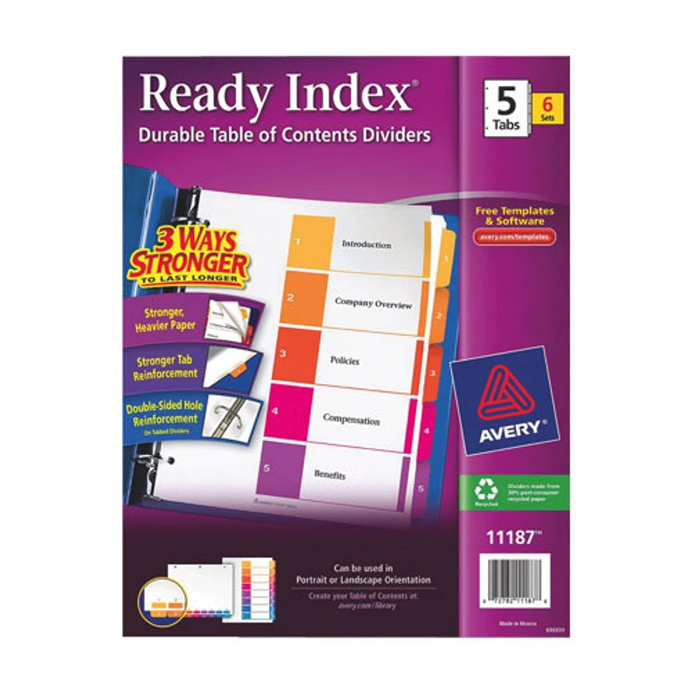 Avery Ready Index Table of Contents 1-5 Dividers (AVE11187) - 5 Tabs - 6 Pack - Assorted Colours