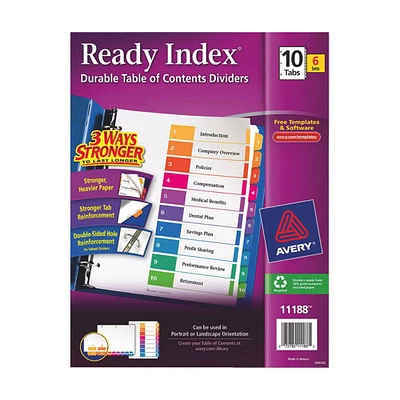 Avery Ready Index Table of Contents 1-10 Dividers (AVE11188) - 10 Tabs - 6 Pack - Assorted Colours