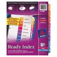 Avery Ready Index Table of Contents 1-8 Dividers (AVE11189) - 8 Tabs - 6 Pack - Assorted Colours