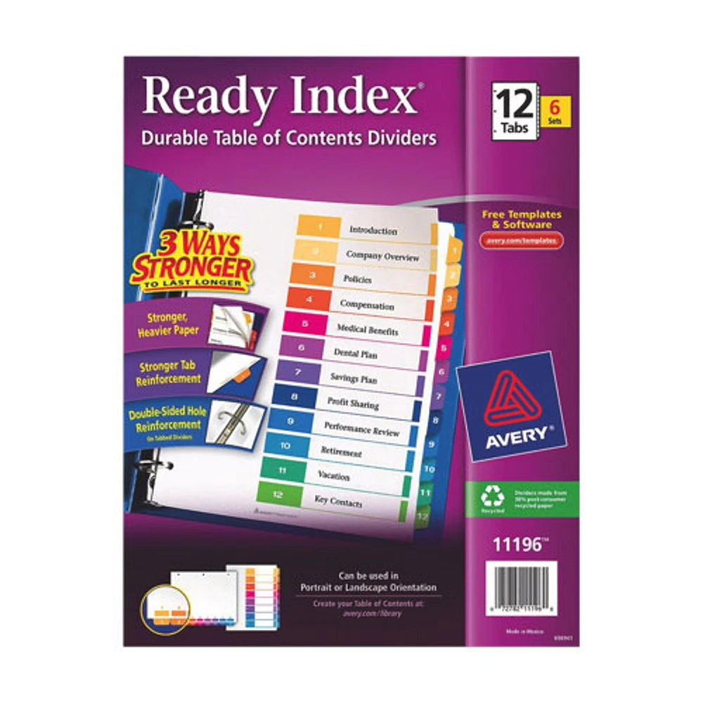 Avery Ready Index Table of Contents 1-12 Dividers (AVE11196) - 12 Tabs - 6 Pack - Assorted Colours