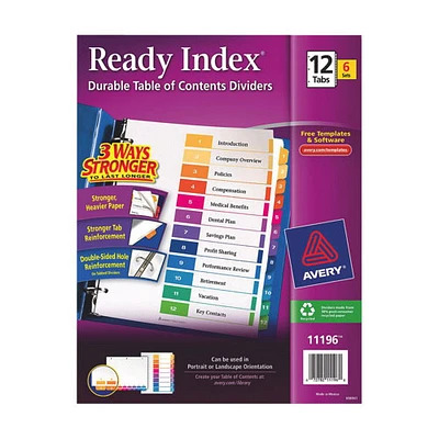 Avery Ready Index Table of Contents 1-12 Dividers (AVE11196) - 12 Tabs - 6 Pack - Assorted Colours