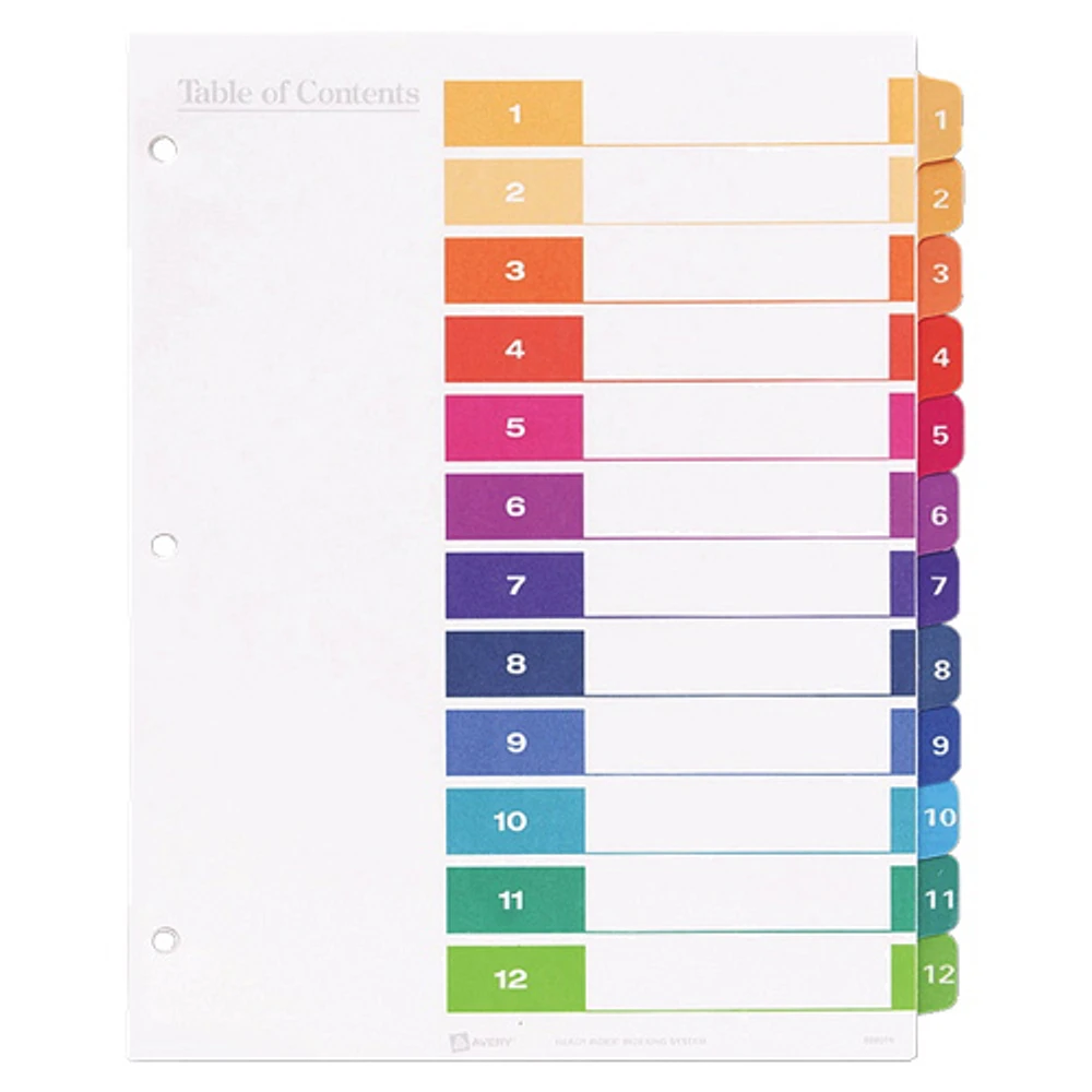 Avery Ready Index Table of Contents 1-12 Dividers (AVE11196) - 12 Tabs - 6 Pack - Assorted Colours