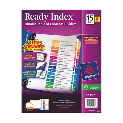 Avery Ready Index Table of Contents 1-15 Dividers (AVE11197) - 15 Tabs - 6 Pack - Assorted Colours