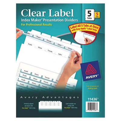 Avery Index Maker Easy Apply Clear Label Divider (AVE11436) - 5 Tabs - 5 Pack - White