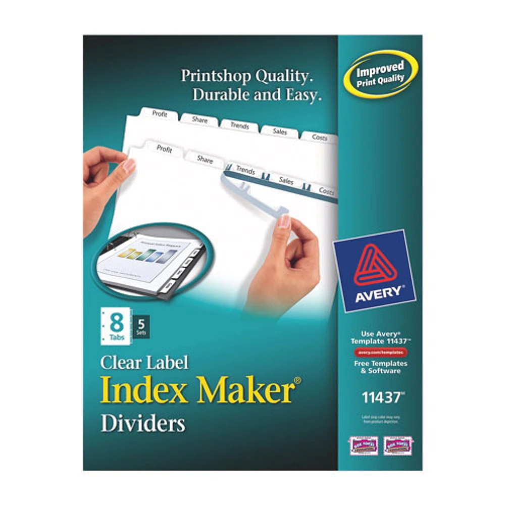 Avery Index Maker Easy Apply Clear Label Divider (AVE11437) - 8 Tabs - 5 Pack - White