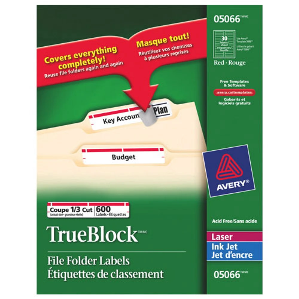 Avery TrueBlock 2/3" x 3-7/16" Laser/Inkjet File Folder Labels (AVE05066) - 600 Pack - Red