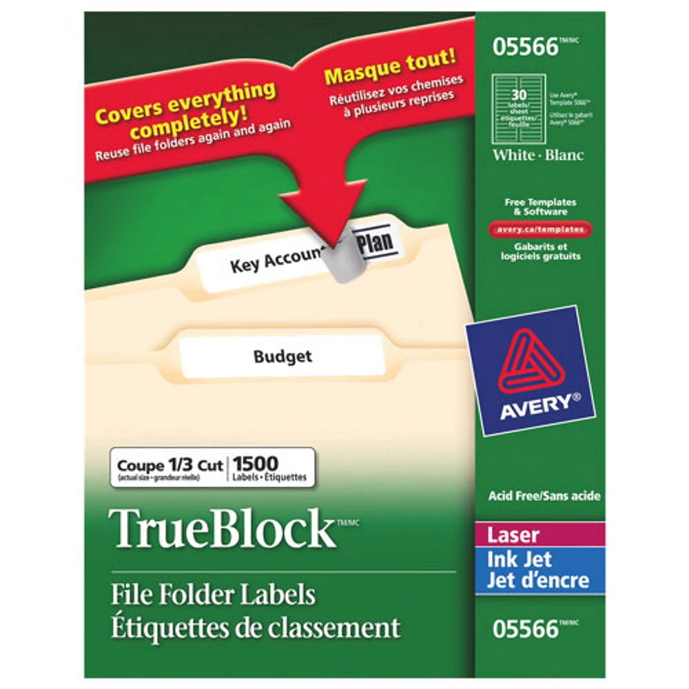 Avery TrueBlock 2/3" x 3-7/16" Laser/Inkjet File Folder Labels (AVE05566) - 1500 Pack - White