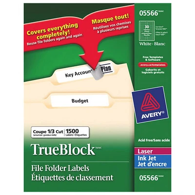 Avery TrueBlock 2/3" x 3-7/16" Laser/Inkjet File Folder Labels (AVE05566) - 1500 Pack - White