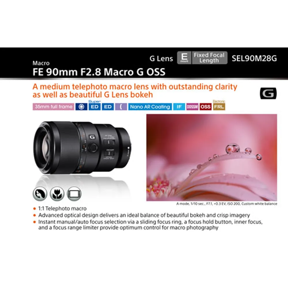 Sony E-Mount Full-Frame FE 90mm f/2.8 Telephoto Close-Up Macro OSS G Lens