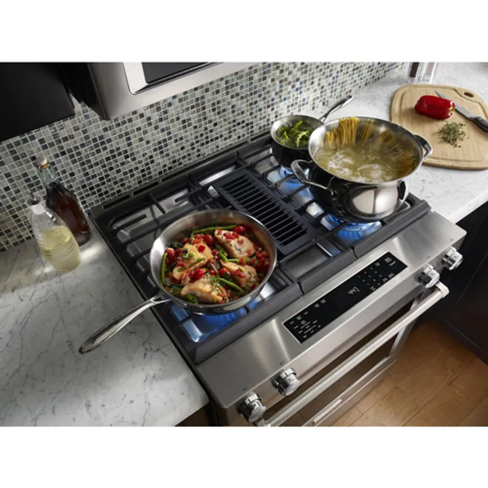 KitchenAid 30" 6.4 Cu. Ft. True Convection Slide-In Dual Fuel Downdraft Range (KSDG950ESS) - Stainless