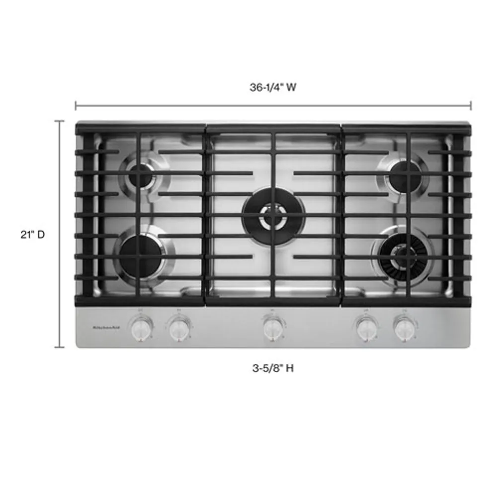 Surface de cuisson à gaz de 37 po à 5 brûleurs de KitchenAid (KCGS956ESS) - Acier inoxydable