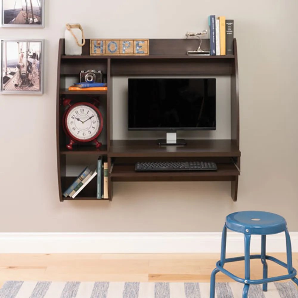 Modern Floating Desk with Shelves - Espresso