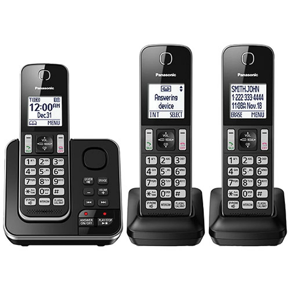 Système téléphonique sans fil DECT à 3 combinés avec répondeur de Panasonic (KXTGD393B) - Noir