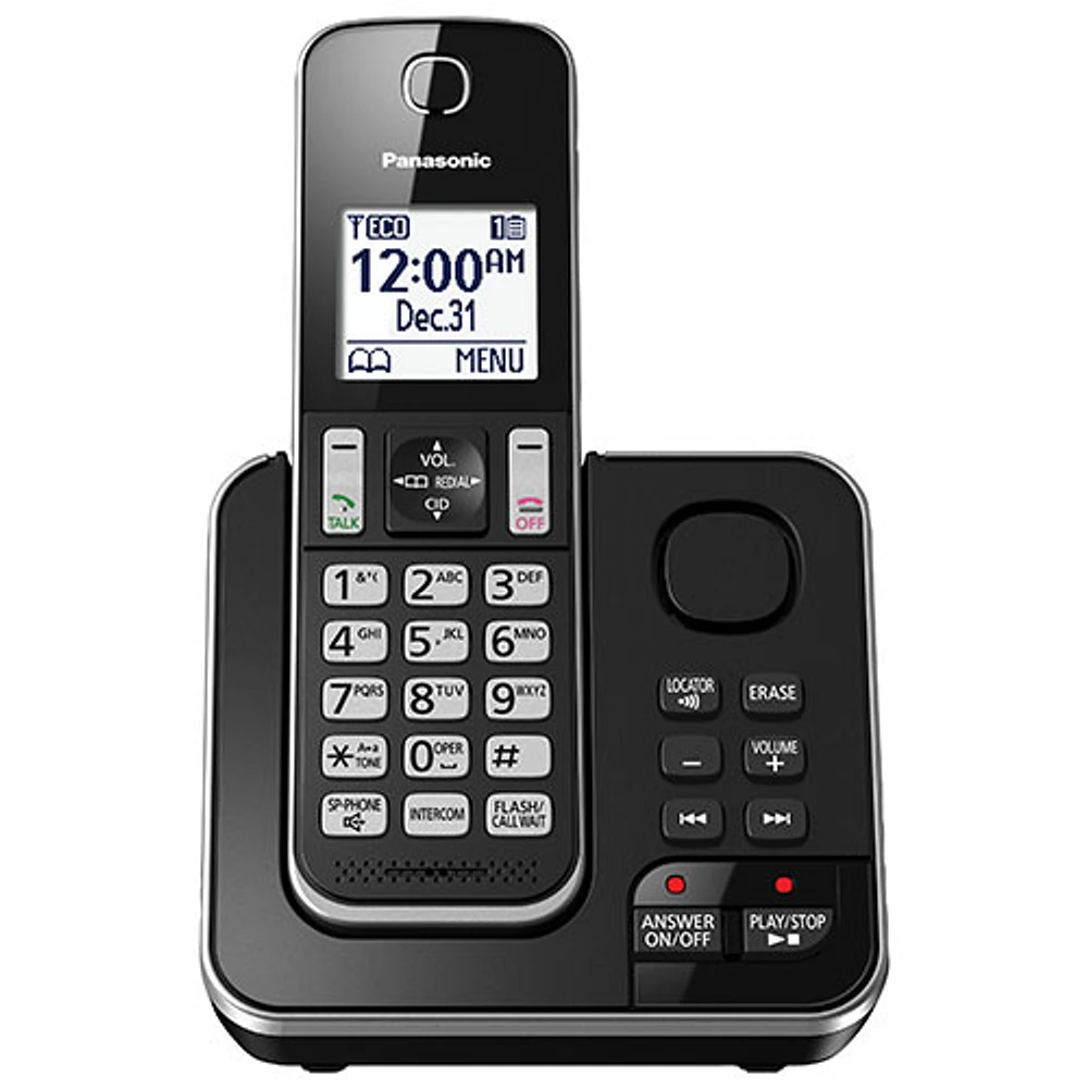 Panasonic 1-Handset DECT Cordless Phone with Answering System (KXTGD390B) - Black