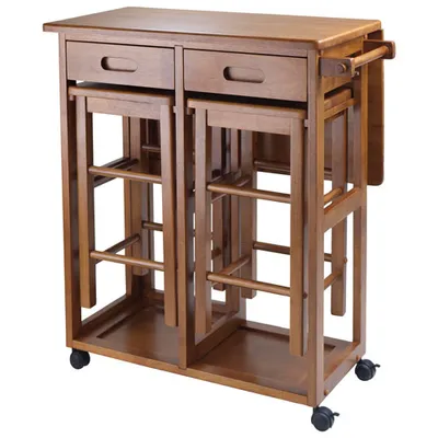 Transitional Space Saver Drop Leaf Kitchen Island with 2 Stools - Teak