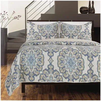 Gouchee Design Rome 3-Piece 140 Thread Count Cotton Quilt Set - Queen - Beige/Brown/Blue