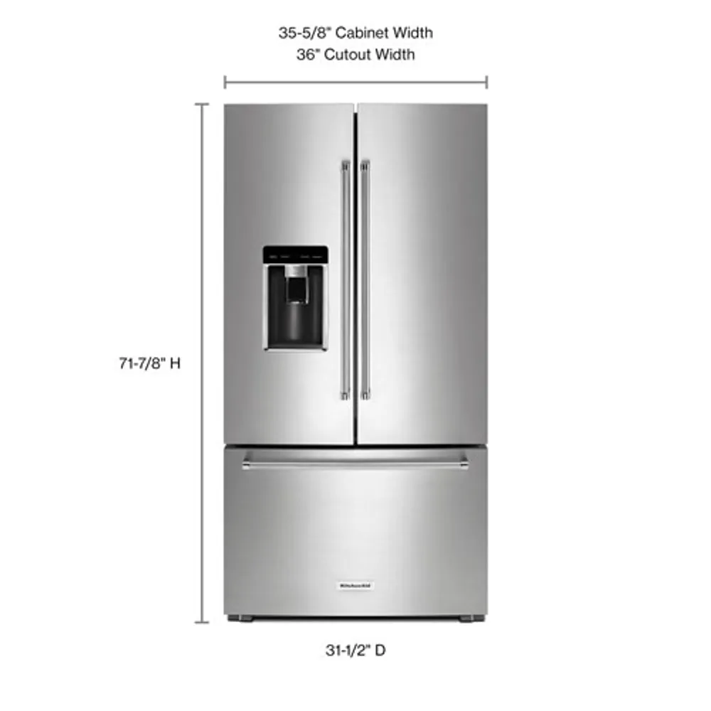 KitchenAid 36" 23.8 Cu. Ft. Counter-Depth French Door Refrigerator with Water & Ice Dispenser (KRFC704FPS) - Stainless Steel