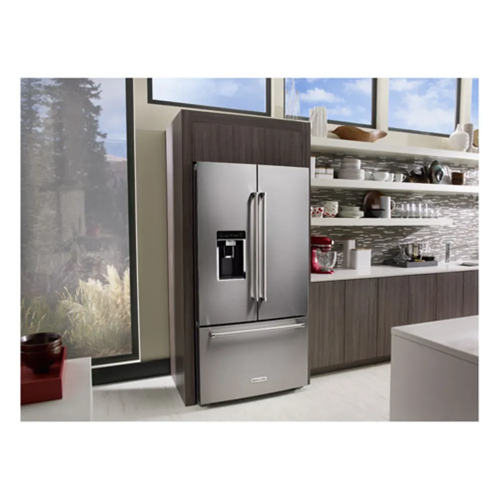 KitchenAid 36" 23.8 Cu. Ft. Counter-Depth French Door Refrigerator with Water & Ice Dispenser (KRFC704FPS) - Stainless Steel