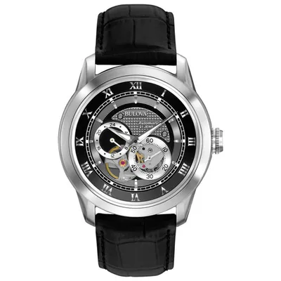 Bulova Sutton Automatic Watch 42mm Men's Watch - Silver-Tone Case, Black Leather Strap & Black Dial