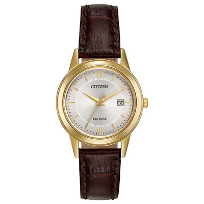 Citizen Corso Eco-Drive Watch 29mm Women's Watch - Gold-Tone Case, Brown Leather Strap & Silver-Tone Dial