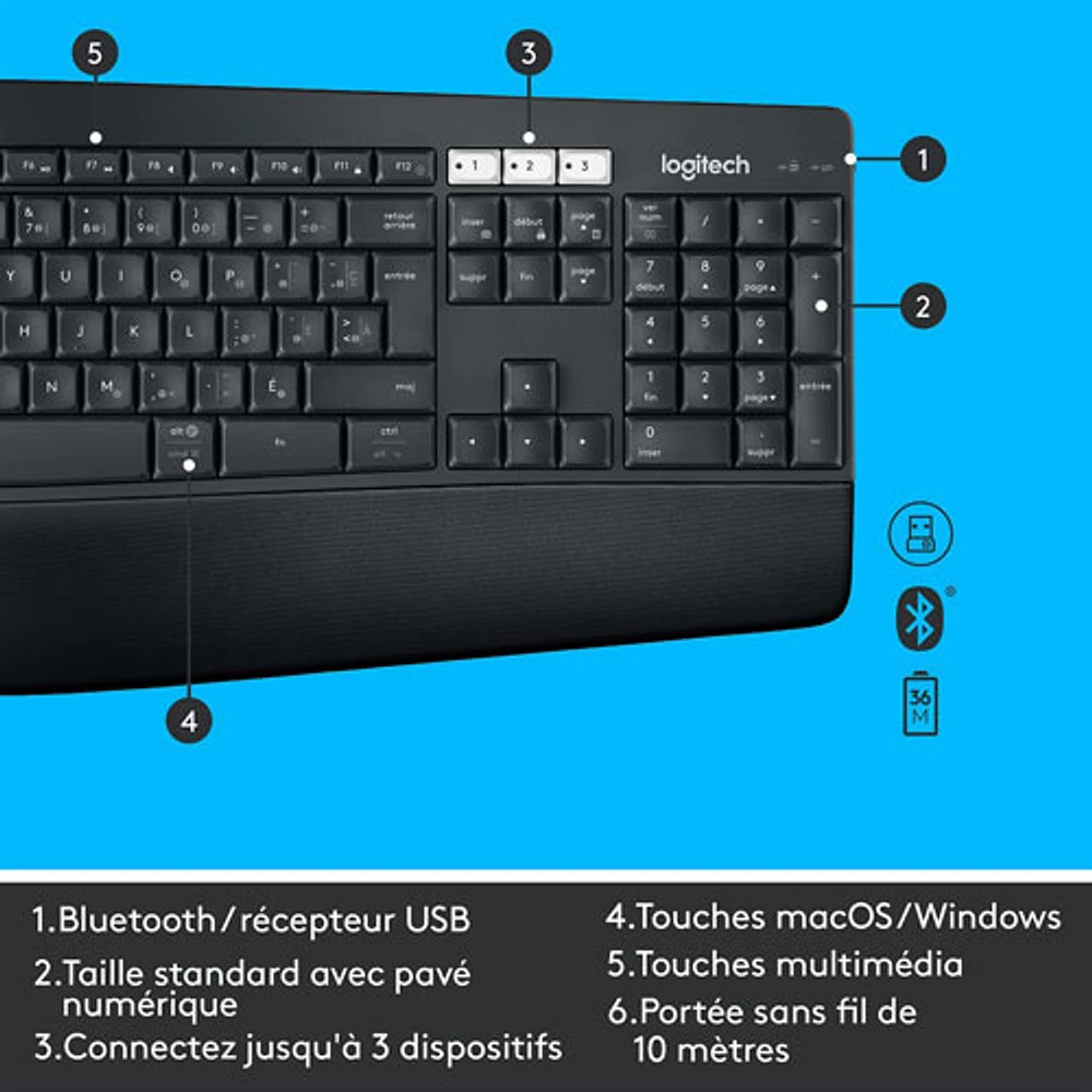 Ensemble avec souris optique et clavier ergonomiques Bluetooth MK850 de Logitech - Français