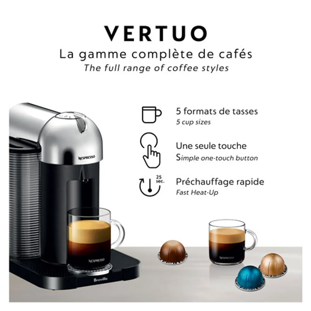Nespresso Vertuo Coffee & Espresso Machine by Breville with Aeroccino Milk Frother - Chrome