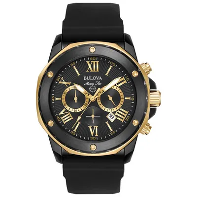 Bulova Marine Star Quartz Watch 44mm Men's Watch - Two-Tone Case, Black Silicone Strap & Black Dial