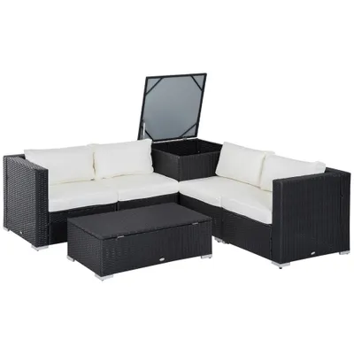 Outsunny 6 Pieces Patio Furniture Set, Deluxe Outdoor Rattan Wicker Sofa Garden Sectional Couch with Cushion and Storage Table and Coffee Table, Black