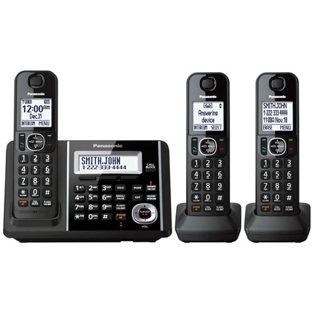 Panasonic 3-Handset DECT 6.0 Cordless Phone with Answering Machine (KXTGF343B)