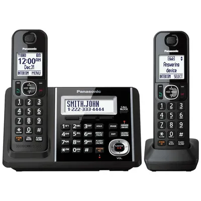 Panasonic 2-Handset DECT 6.0 Cordless Phone with Answering Machine (KXTGF342B)