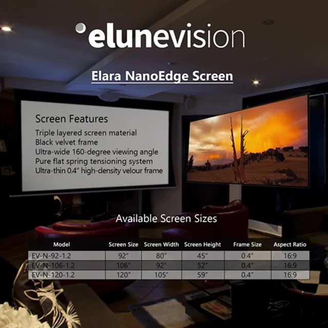 elunevision 120 in elara nanoedge fixed frame projection screen