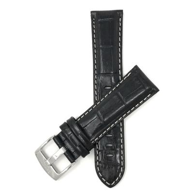 30mm Black Mens' Alligator Style Genuine Leather Watch Band Strap, With White Stitching, Glossy Finish
