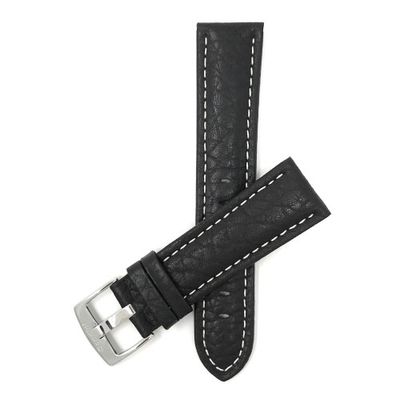 Extra Long (XL) 30mm Black Classic Genuine Leather Buffalo Pattern Watch Strap Band, with White Stitching