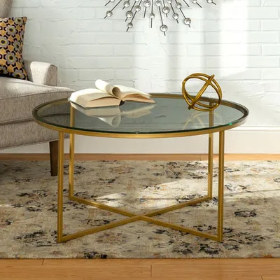 Contemporary Coffee Table with Tempered Safety Glass and X Base - Gold