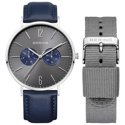 BERING Classic 40mm Men's Analog Casual Watch with Leather & Nylon Bands - Blue/Silver/Grey Sunray