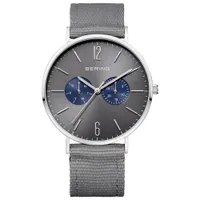 BERING Classic 40mm Men's Analog Casual Watch with Leather & Nylon Bands - Blue/Silver/Grey Sunray