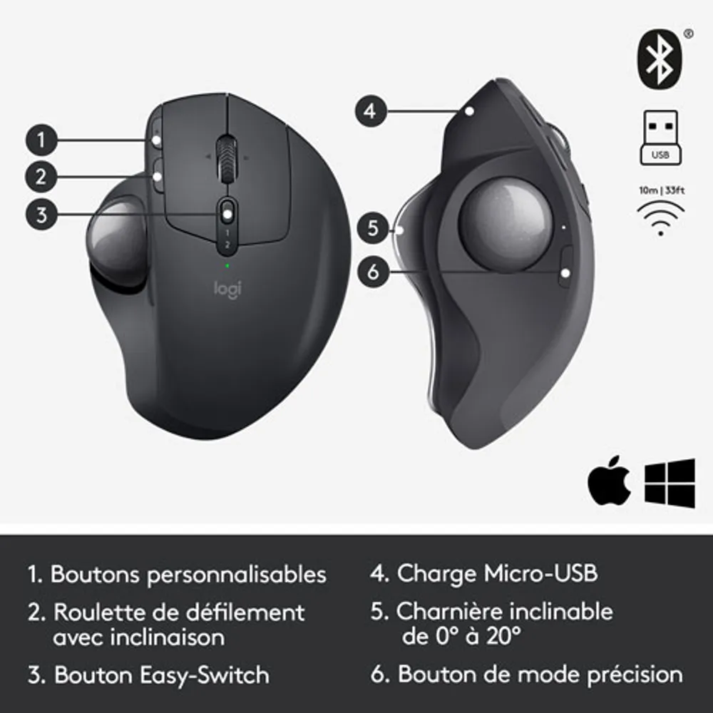 Souris à boule de commande laser sans fil MX ERGO Plus de Logitech - Noir