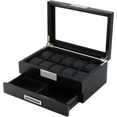 Black Wood Watch Storage Box with 10 Watch Slots & 1 Pull-Out Valet Drawer, Glass Lid Jewelry Organizer Case for watches, cufflinks, brooches, rings and more