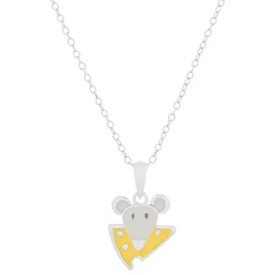 Mouse and Cheese Pendant in Sterling Silver/Enamel on a 14" Sterling Silver Chain