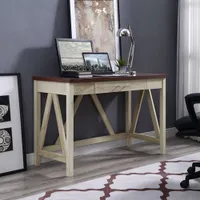 Rustic Country Computer Desk with Drawer - White Wood/Brown