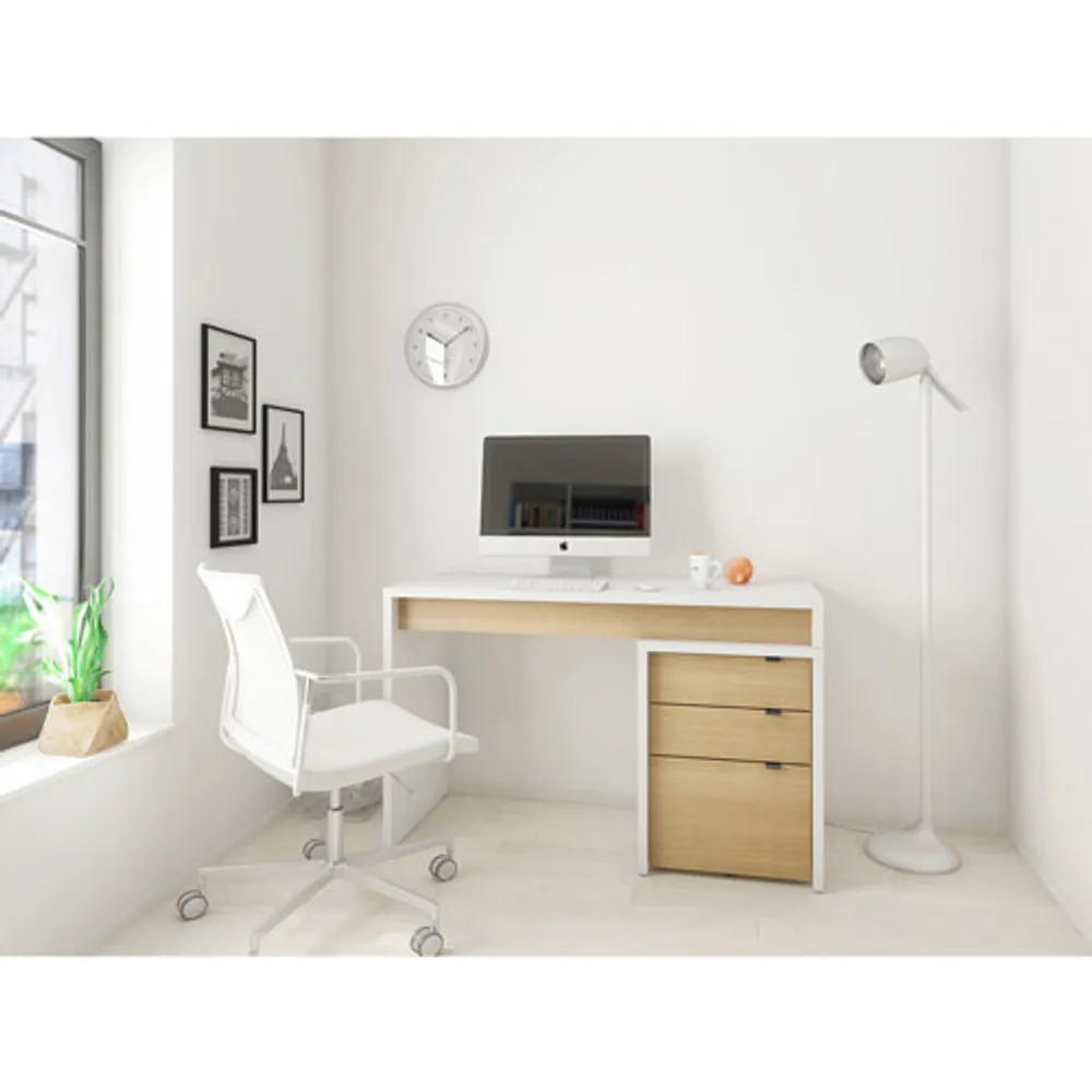 Chrono Office Desk with 3-Drawer Filing Cabinet - White/Maple