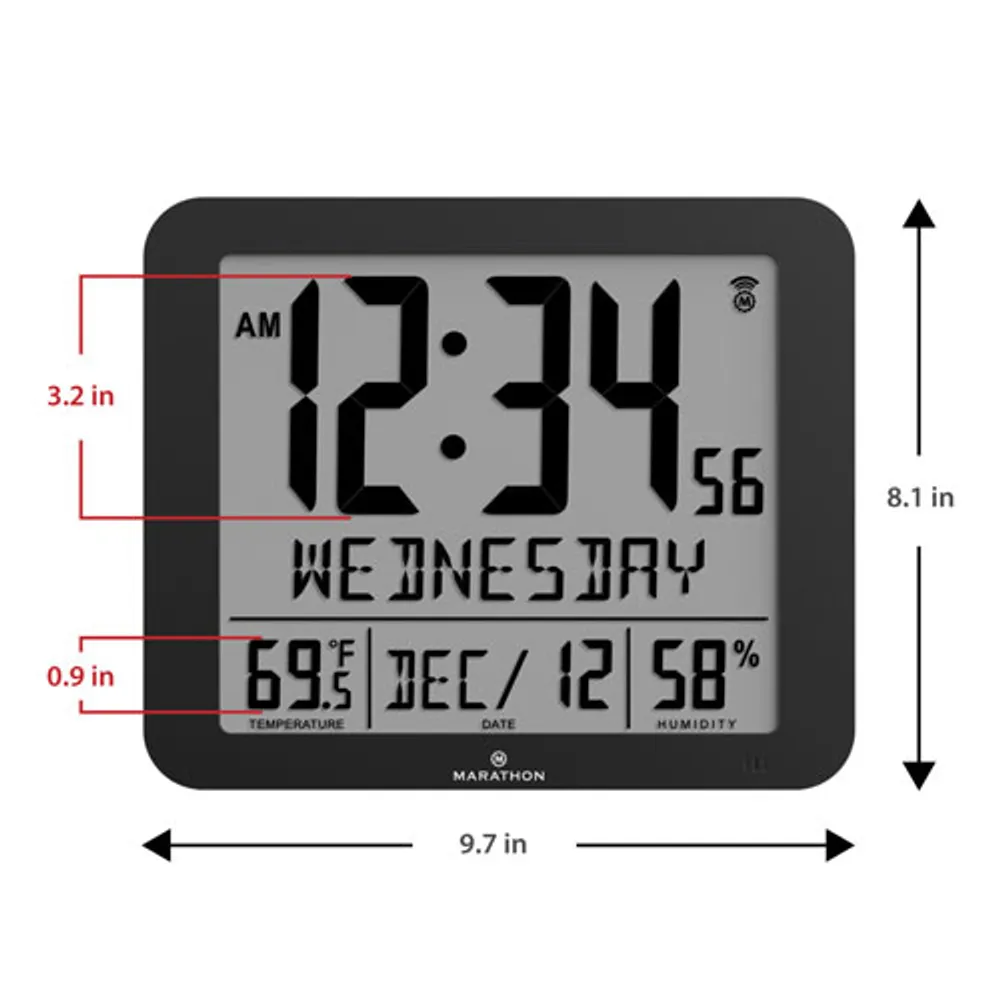 Marathon Slim-Jumbo Digital Full Calendar Square Wall Clock - Black