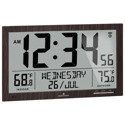 Marathon Slim-Jumbo Digital Full Calendar Square Wall Clock - Wood