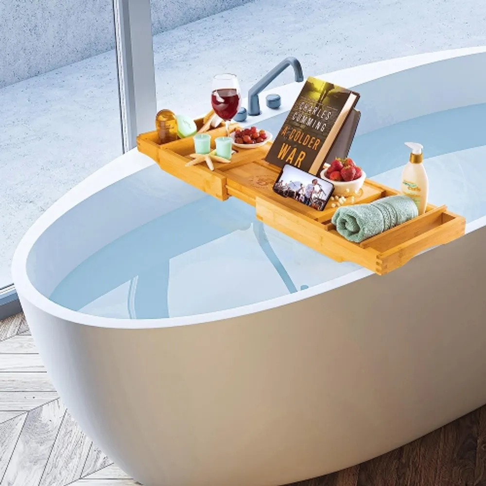 Luxury Bamboo Bathtub Caddy Tray, Expandable Sides Bath Caddy Tray (Book,  Wine, Glass, Cell Phone Holder) 