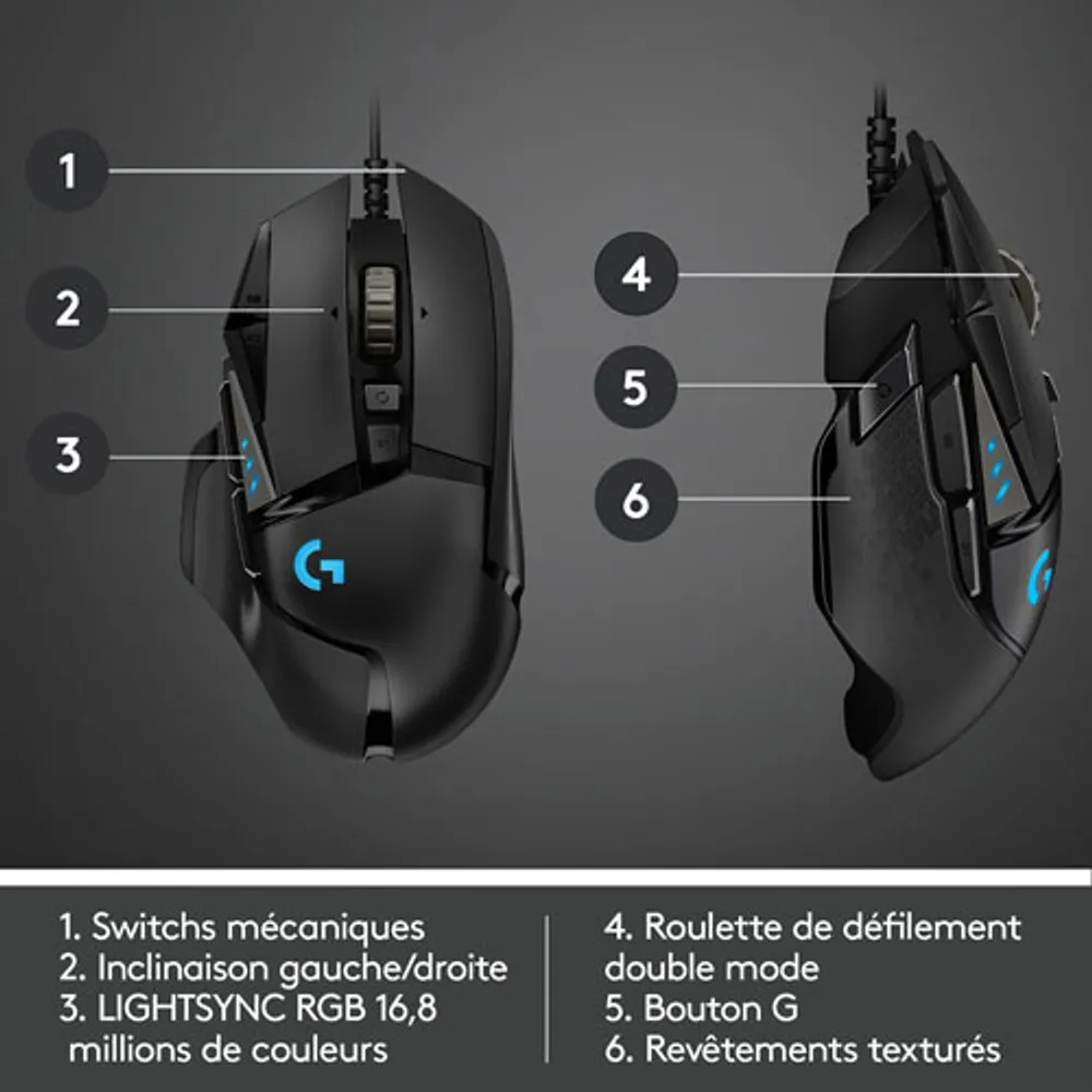 Souris de jeu optique de 25600 ppp G502 Hero de Logitech - Noir