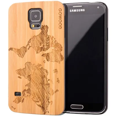 Samsung Galaxy S5 Wood Case | Bamboo World Map Design Engraved & Durable Polycarbonate Shockproof Bumper with Rubber Coating