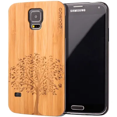 Samsung Galaxy S5 Wood Case | Real Bamboo Tree Design Engraved and Durable Polycarbonate Shockproof Bumper with Rubber Coating