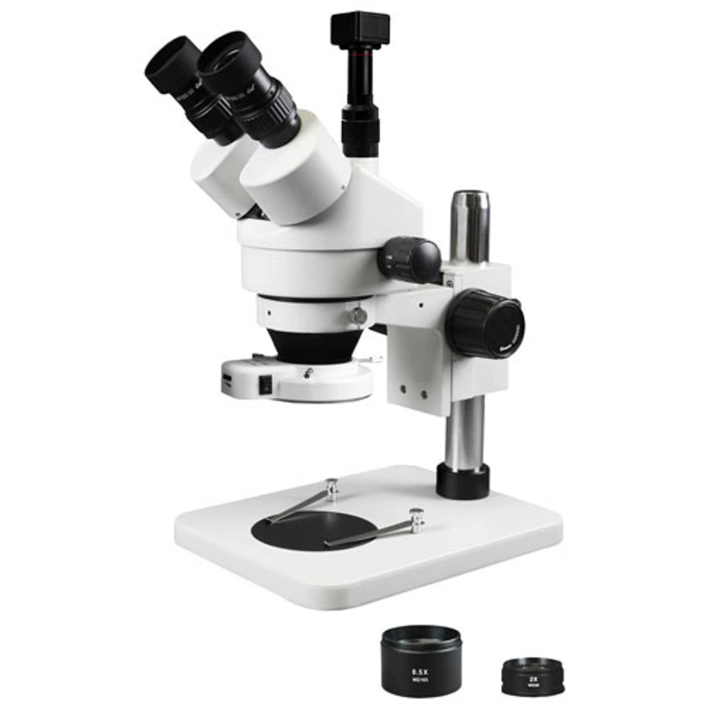 Microscope trinoculaire stéréo 3,5x-90x avec caméra intégrée de Walter Products (WP1FZIFR07DNS5.0WH)