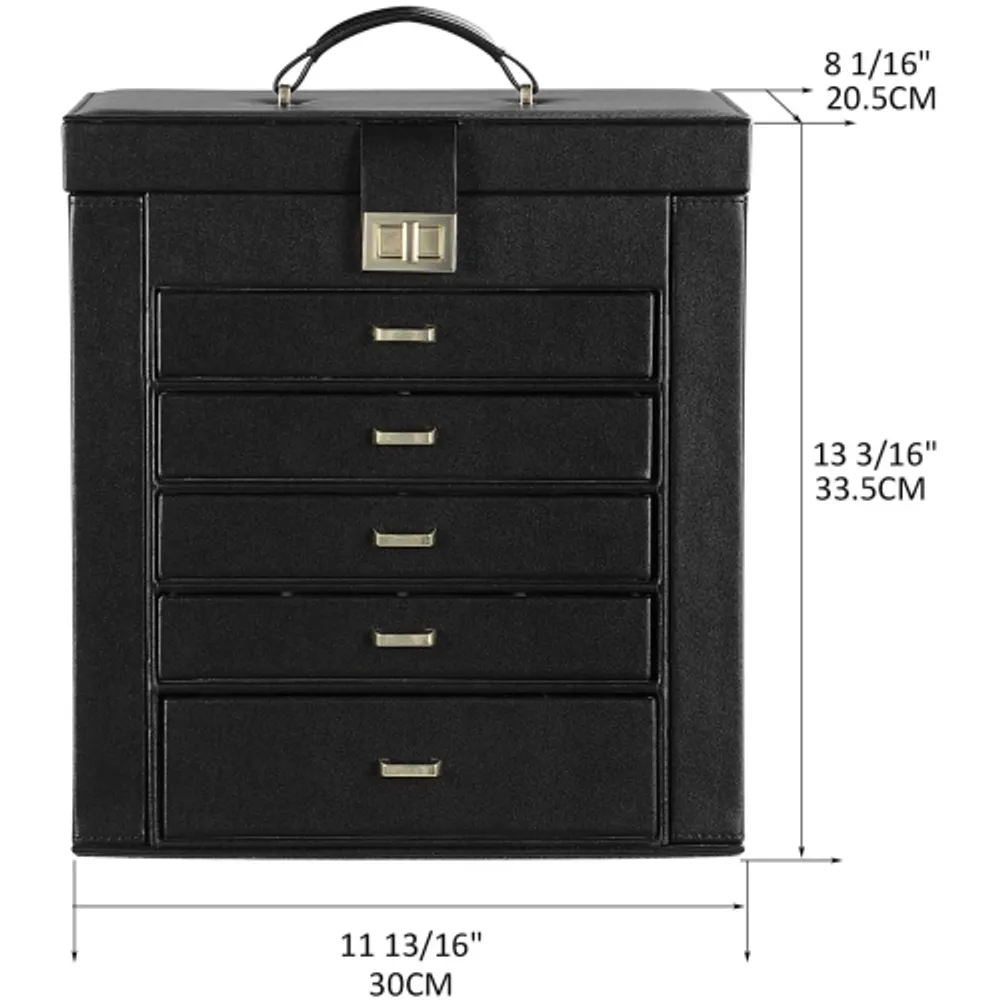 6 Layers Womens Large Leather Jewelry Boxes Table Top Large Leather Chest Jewelry Organizer Case w/ Removeable Drawers