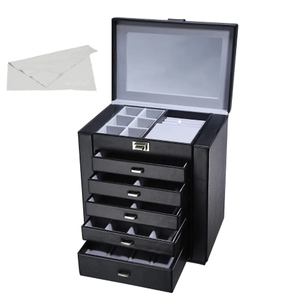 6 Layers Womens Large Leather Jewelry Boxes Table Top Large Leather Chest Jewelry Organizer Case w/ Removeable Drawers